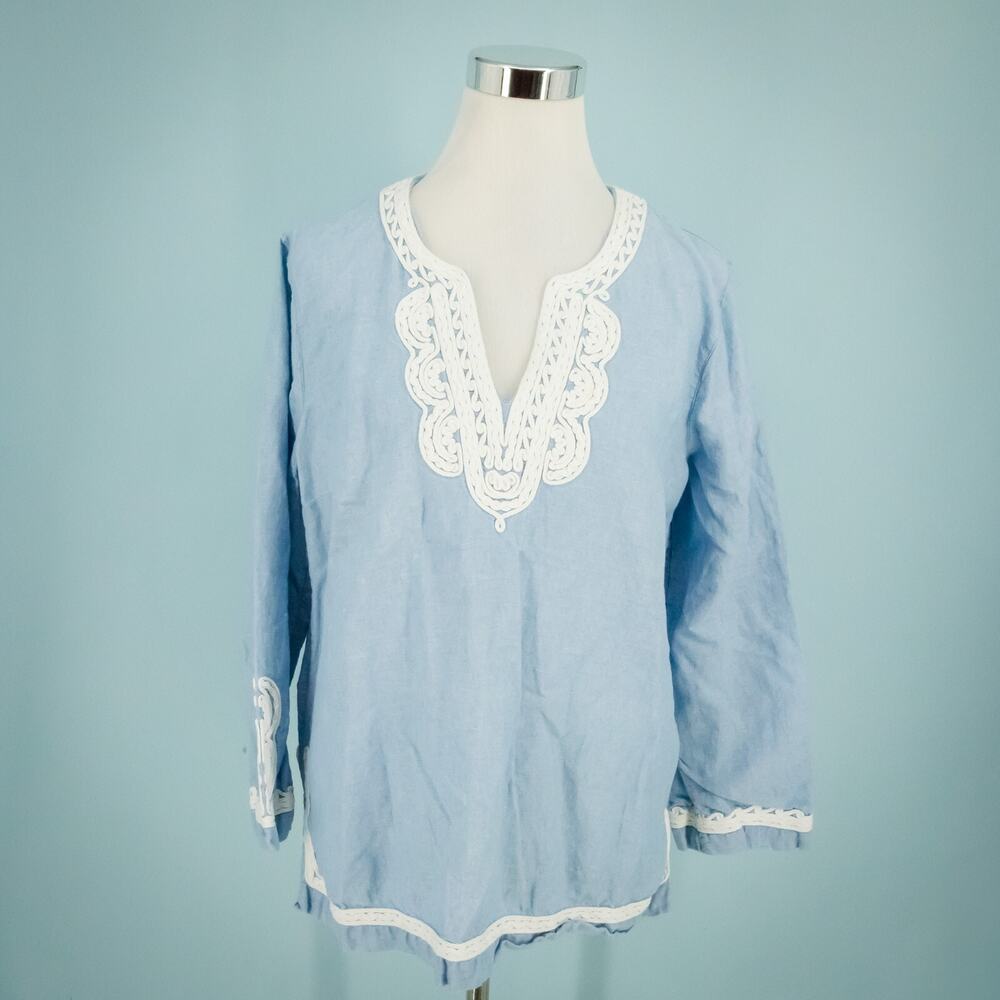 Point Sur Size Large L Chambray Lace Trim Long Sleeve Cotton Linen Tunic Top